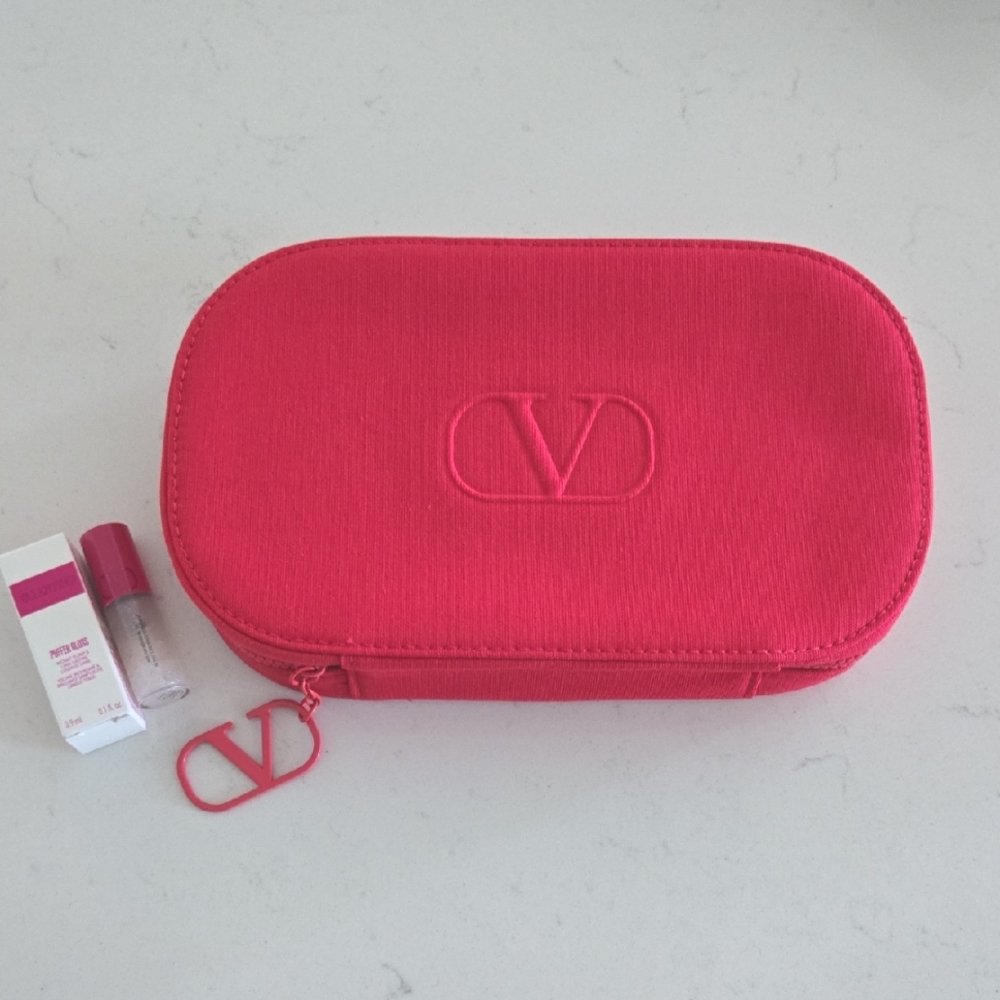 Brand New VALENTINO red clutch zipper bag VLogo Mkup Brush Holder Case& Lipgloss